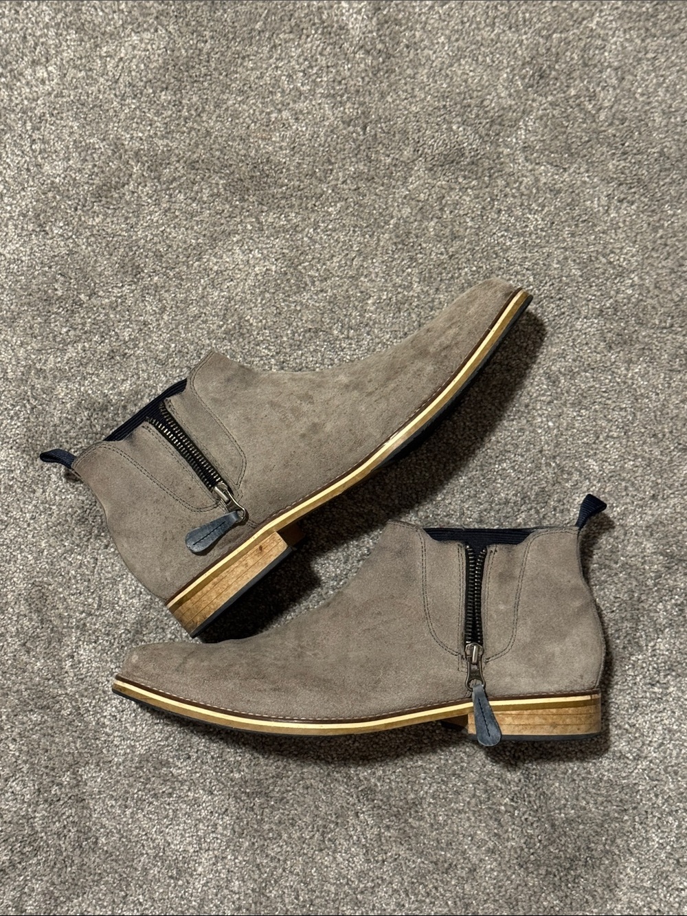 Gray Suede Chukka Boots with Navy Blue Side Zip and Elastic Gusset - Picture 5 of 6